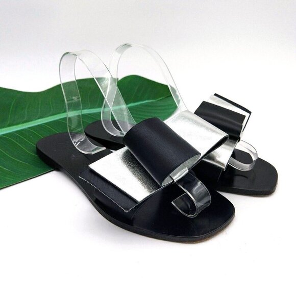 Pollini Italy Black Silver Slip On Bow Sandals Size 38 7 7.5 Metallic Open Toe - Picture 1 of 7